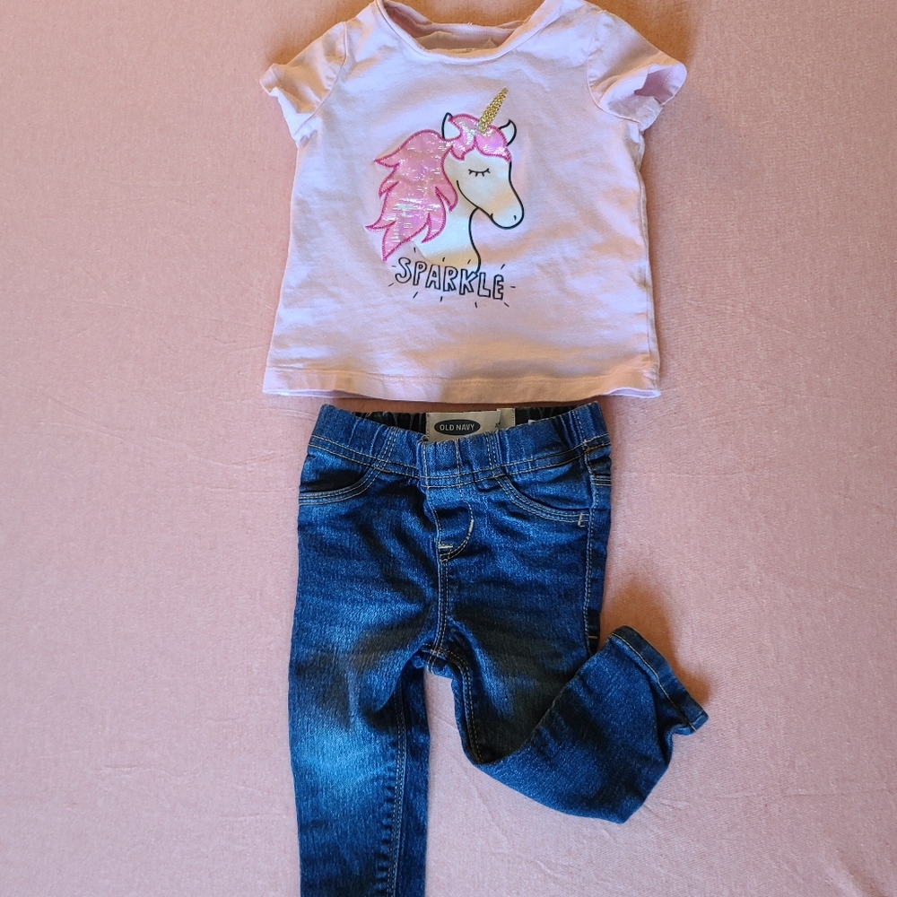 12 months girls unicorn outfit with blue jeans